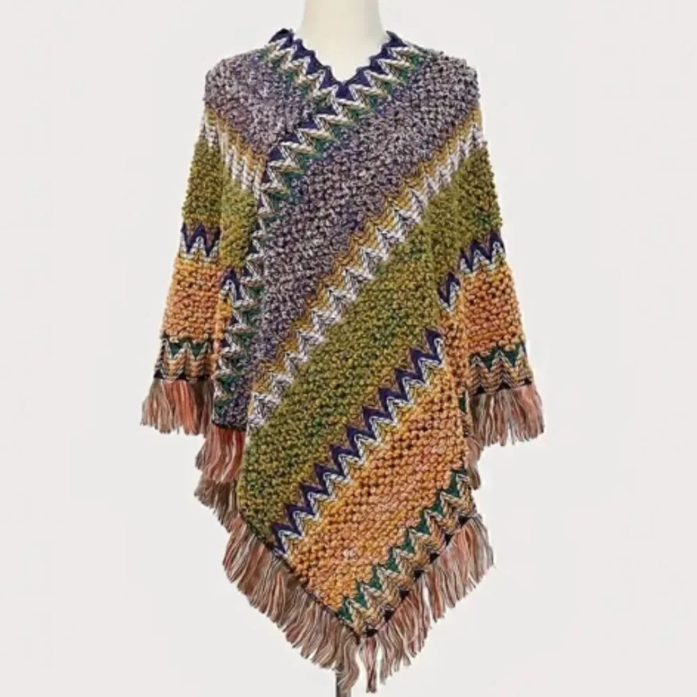 Y2K Cute Trendy Boho Colorful Striped Pullover Poncho Loose Batwing Fringe Cape